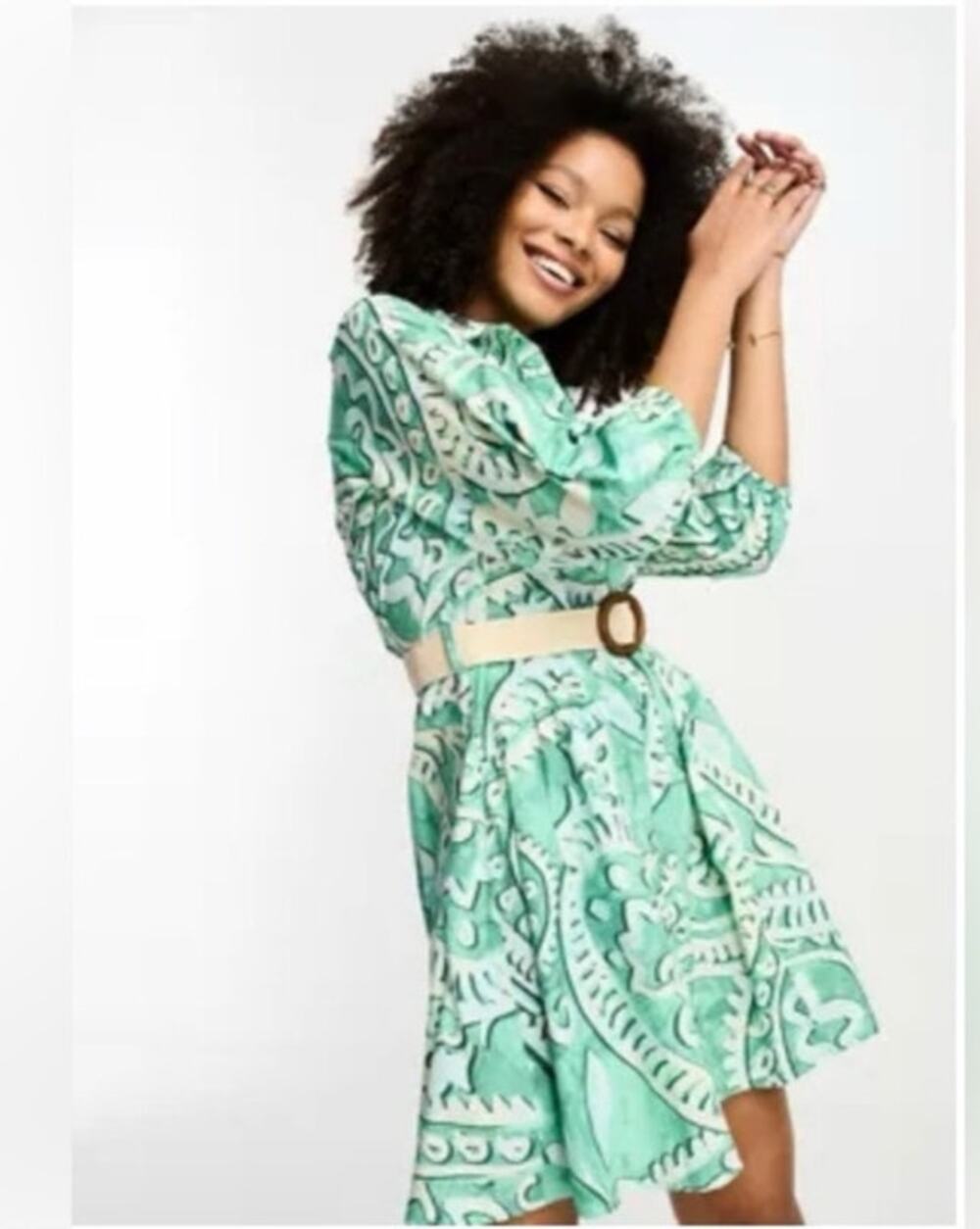 River Island Paisley Belted Shirt Dress Green Boho Cottagecore Size 12